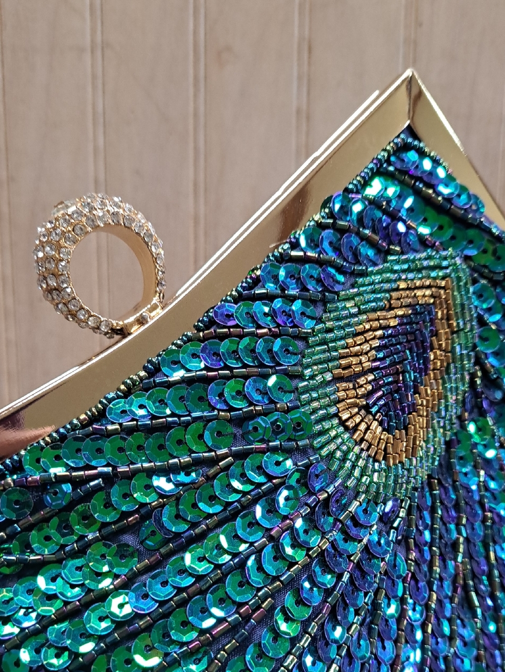 Peacock Sequin Clutch Evening Bag Rhinestone Ring Handle Glam Statement - Picture 11 of 11